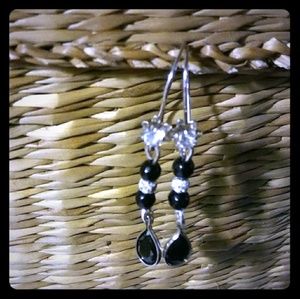 Natural Black Spinel and Natural White Zircon Sterling Silver Earrings